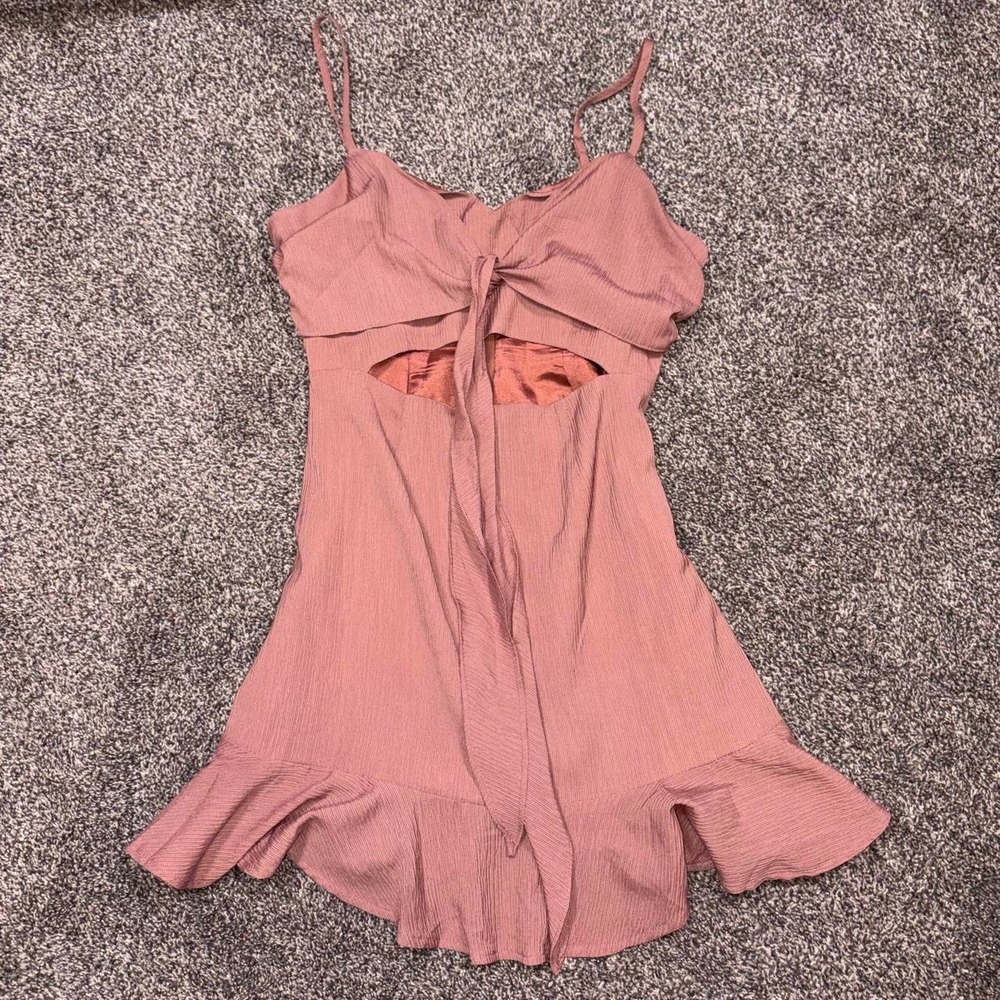 White Fox Boutique pink mini dress with ruffled hem and tie front detail, size S